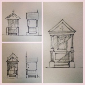 Sketches of ideas for the larger shrine.